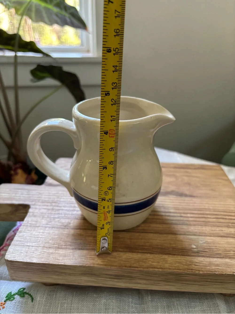 Vintage Lillian Vernon Cream Ceramic Creamer with Blue Stripe - Home Dining